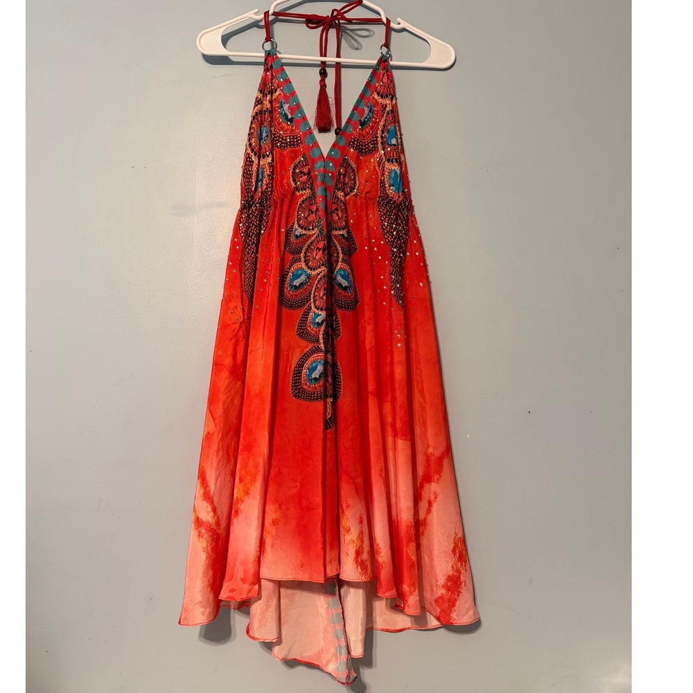 Celina One Size Red Orange Halter Sun Dress Rhinestone Peacock Boho 2101